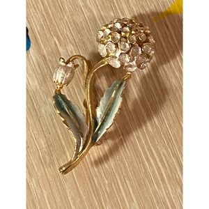 Vintage‎ Flower Brooch Gold Enamel Leaves Midcentury Floral Pin Cottagecore